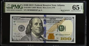 PMG FANCY LOW SERIAL NUMBER 100$ BILL 2013 MF00000959F MF00000960F - Picture 1 of 6