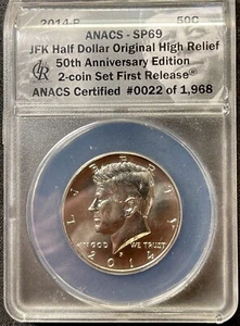 2014 P Kennedy Half High Relief ANACS Sp 69 Clad 50th Anniversary. ENN Coins - Picture 1 of 2