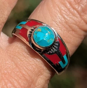 Sterling Silver size 7, 8, 9 Southwestern Handmade Turquoise & Red Coral Ring - Picture 1 of 7