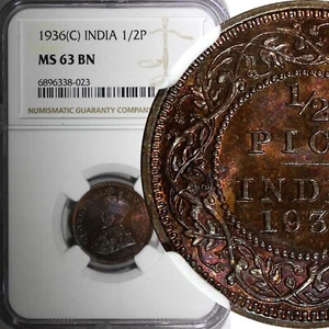 India-British George V Bronze 1936 (C) 1/4 Pice NGC MS63 BN RAINBOW KM#510 (23) - Picture 1 of 5