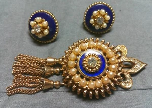Beautiful Vintage CORO Broach and Earrings Set Fleur di-Lis and Shield Blue Enam - Imagen 1 de 9