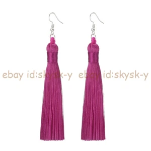 Women's Multicolor Long Tassel Silk Fabric Dangle Jewelry Silver Hook Earrings - Picture 1 of 37