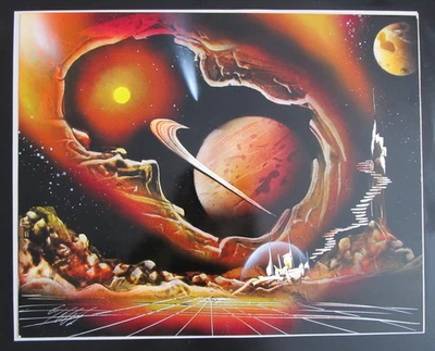 Vintage signed original large unframed Sci-Fi celestial spray can art painting - Image 1 of 4