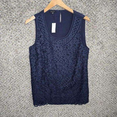 Blusa Talbots Top Feminina 8 Azul Marinho Sem Mangas Renda Forrada Decote Redondo Botão - Imagem 1 de 4