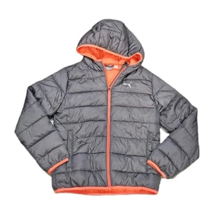 Puma Kids Boy Girl Gray Orange Winter Hooded Zip Puffer Jacket M 10 12 - Picture 1 of 7