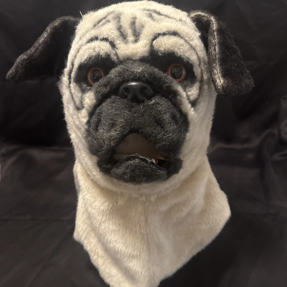 ADULT PUG DOG ANIMAL MOVING MOUTH. FURRY OVER THE HEAD MASK, Excellent UC - Image 1 of 4
