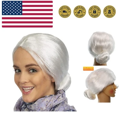 Peruca de senhora velha branca - Acessórios de fantasia de vovó branca peruca com coque para adultos... - Imagem 1 de 4
