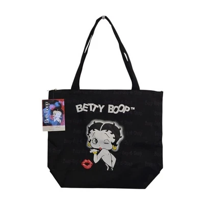 Betty Boop Black Tote Bag with Pouch & Zipper Retro Cartoon Print Lining - Image 1 of 4