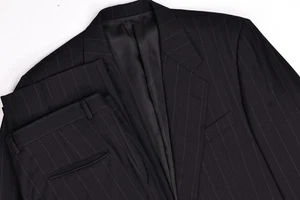 Vintage Hickey Freeman Boardroom Black Wool Stripe Suit 42L Pleated Pants 35x32 - Picture 1 of 19