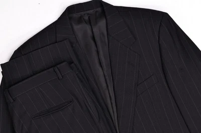 Vintage Hickey Freeman Boardroom Black Wool Stripe Suit 42L Pleated Pants 35x32 - Image 1 of 4