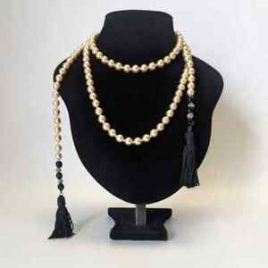 Lariat Necklace Faux Pearl Rhinestone Beads Black Tassels Gotham Heavy