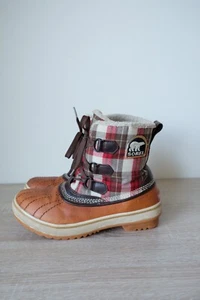 Sorel Tivoli Ankle Waterproof Boots Red Plaid 6 Snow Lace Up Shearling Lined - Picture 1 of 6
