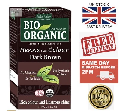 UK Indus Valley Bio Organic 100% Organic Henna Hair Colour Dark Brown 100g