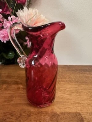 Vintage Cranberry Diamond Optic Glass Pitcher Elegant Curved Handle - Image 1 of 4