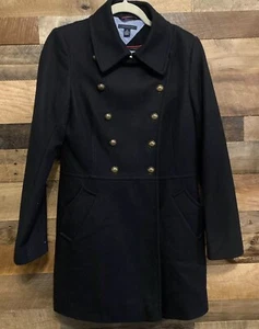 Tommy Hilfiger Abrigo Mujer Talla 8 Negro Doble Pecho Abrigo Lana Latón Botones - Imagen 1 de 10