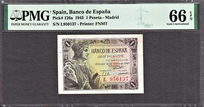 Spain One Peseta 1943 Serie (L) Pick-126a GEM UNC PMG 66 EPQ - Image 1 of 2
