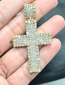 DEAL!4.20CT GENUINE NATURAL DIAMONDS CROSS CHARM  PENDANT 10K YELLOW GOLD 52MM - Picture 1 of 7