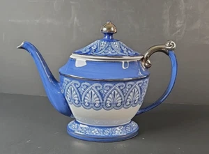 Bombay Co. Tile teapot blue white platinum scrolls fans 8" - Picture 1 of 9