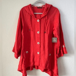 For Cynthia 100% Linen Coral Red Hooded Button-Down Lightweight Jacket Lagenlook - Picture 1 of 6