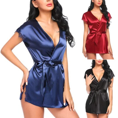 Sexy bata de encaje satinado lencería para mujer mini vestido babydoll camisón vestido de dormir Foto 1 de 4