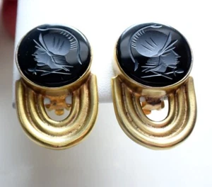 Mark Spirito Intaglio Onyx Button Gold Plated Sterling Silver Clip Hoop Earrings - Picture 1 of 18