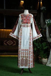 Luxury White Multicolored Embroidery Tatreez Palestinian Thobe Maxi Dress - Picture 1 of 4