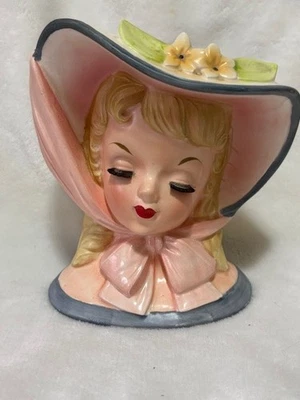 VTG NAPCO C3812C Head Vase Planter with Hat and Soft Eyelashes 1959 - Image 1 of 4