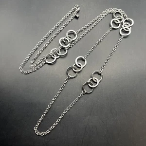 Banana Republic Long Link Necklace Silver Tone Clear Rhinestone Accent Circle - Picture 1 of 8