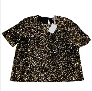 Alex Marie Size XL Lined Gold Sequin On Black Short Sleeve Blouse/SQ - Picture 1 of 2