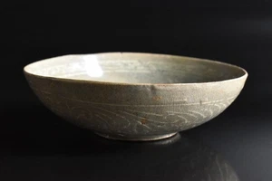S3127: XF Korean Goryeo celadon Flower inlay sculpture TEA BOWL Chawan - Picture 1 of 7