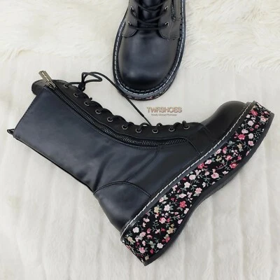 Botas de Combate Emily 350 Negras Mate Florales Plataforma 2" Reabastecidas NY DEMONIA Foto 1 de 4