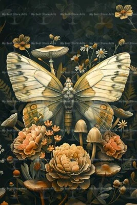 COTTAGECORE MOTH ART PRINT, Moody Flower Decor, Butterfly Poster Insect D434