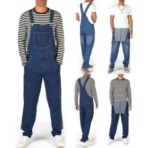 Men's Denim Dungarees Overalls Jeans Full Workwear Pullover Bib & Brace Jumpsuit - Picture 1 of 6