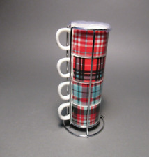 4 Coco & Lola Porc. Stackable Plaid Espresso Cups in Chrome Stand. Never used.