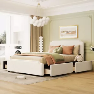 Queen Velvet Upholstered Platform Bed Frame with 4 Storage Drawers & Headboard - Picture 1 of 13