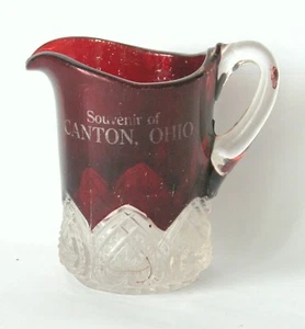Ruby Red Flash Cut Etched Antique Souvenir Handled Pitcher "Canton, Ohio". - Picture 1 of 2