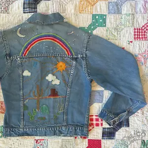 Giacca hippie denim vintage anni 60 cucita a mano Western Cactus ricamo taglia S M - Foto 1 di 10