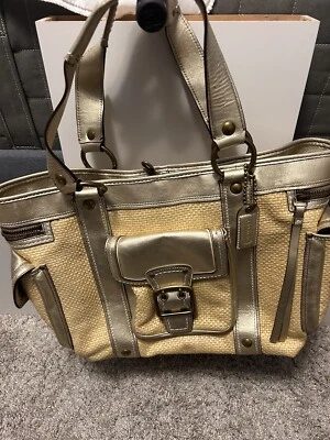 Coach Large Leather & Natural Straw Shoulder Bag- Gold Trim - Image 1 of 4