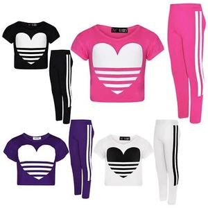 Girls Tops Kids Designer's Heart Print Crop Top & Fashion Legging Set 5-12 Years - Picture 1 of 23