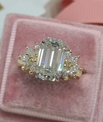 3Ct Emerald Cut Lab Created Diamond Engagement Ring 14k Yellow Gold Plated - Image 1 of 3