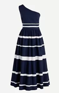 NWT J. Crew Navy Blue White One Shoulder Maxi Poplin Ribbon Striped Dress Size 8 - Picture 1 of 16