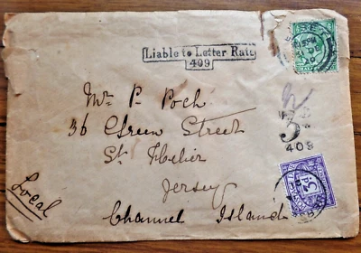 Guernsey to Jersey1920 1/2d h/s Guernsey with Liable yo Letter Rate 3d/409 - Image 1 of 3
