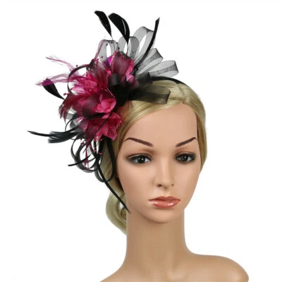 Women Fascinator Feather Hat Flower Hair Clip Church Wedding Party Headwear Clip - Image 1 of 4