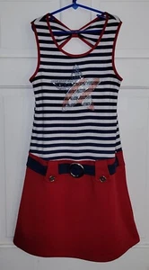 PINK VIOLET red White Blue Stretch Knit Striped Beaded 70s Look Dress. Girls XL - Picture 1 of 7