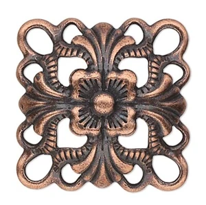 24 Antiqued Copper Plated Brass 14x14mm Filigree DOMED Square Connectors - Picture 1 of 2