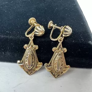 Antique Filigree Gold Tone Dangle Screwback Clip Earrings Unsigned 1.5" - Picture 1 of 7