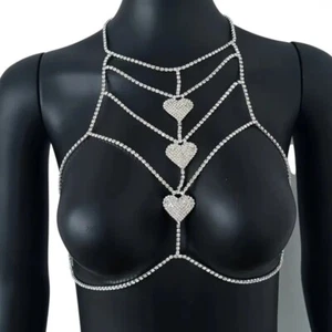 Silver Sexy Rhinestone Heart Body Chain Bra Harness Festival Jewelry Lingerie - Picture 1 of 5