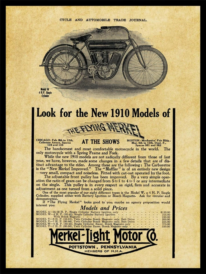 Letrero de metal nuevo para motocicleta Merkel Flying 1910: Merkel Light Motor Pottstown, Pensilvania Foto 1 de 1