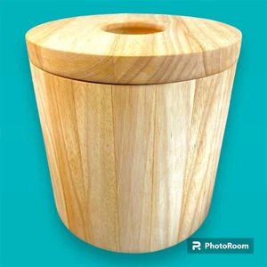 Modern Blonde Light Wood Ice Bucket with Lid White Plastic Interior 8" H x 8" W - Picture 1 of 11