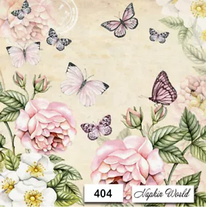 (404) TWO Individual Paper LUNCHEON Decoupage Napkin - ROSES BUTTERFLY FLORAL - Picture 1 of 3